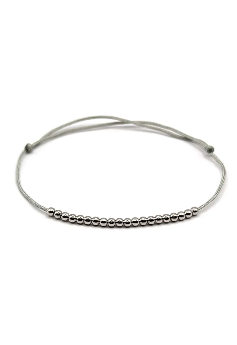 Bratara handmade, ajustabila, din argint 925,  snur de matase, 20 margele argint 2.20 mm, placata rodiu, argintiu/gri