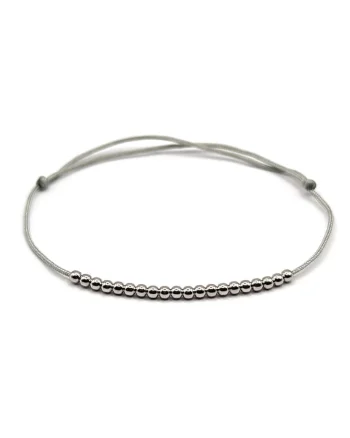 Bratara handmade, ajustabila, din argint 925,  snur de matase, 20 margele argint 2.20 mm, placata rodiu, argintiu/gri