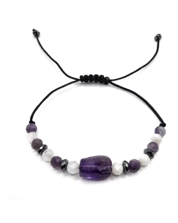 Bratara handmade, ajustabila, zodia Varsator,  pietre semipretioase Ametist, piatra lunii, hematit, negru
