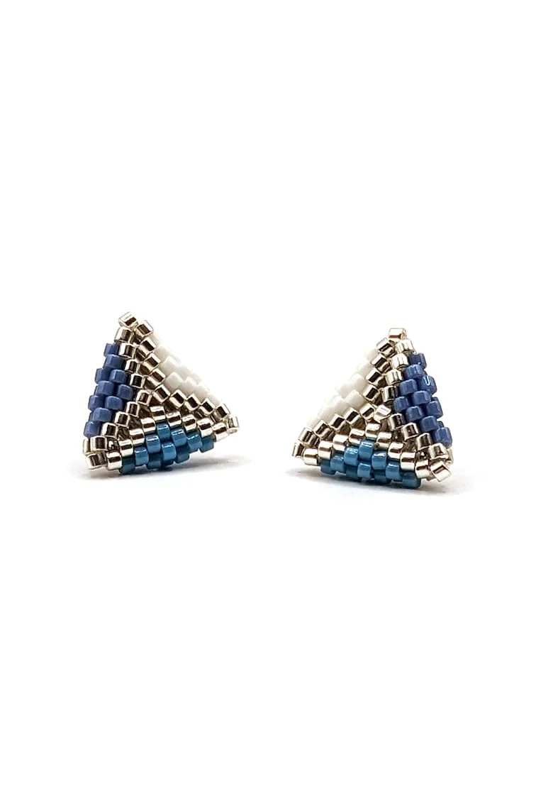Cercei handmade, din argint 925,  element decorativ 3D din margele Miyuki Delica 11/0, Alb/Albastru