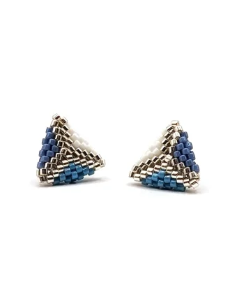 Cercei handmade, din argint 925,  element decorativ 3D din margele Miyuki Delica 11/0, Alb/Albastru