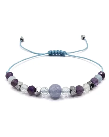 Bratara handmade, ajustabila, zodia Berbec,  pietre semipretioase Ametist, Hematit, Topaz si Acvamarin, Albastru deschis