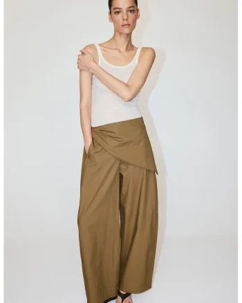 Pantaloni drepti cu esarfa in talie, Verde masliniu