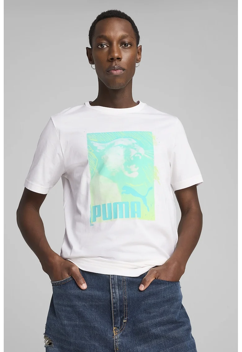 Tricou cu imprimeu logo, Alb/Turcoaz/Verde lime