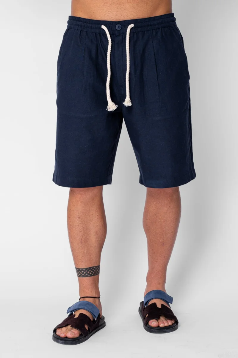 Pantaloni scurti din IN cu nasture si snur Navy