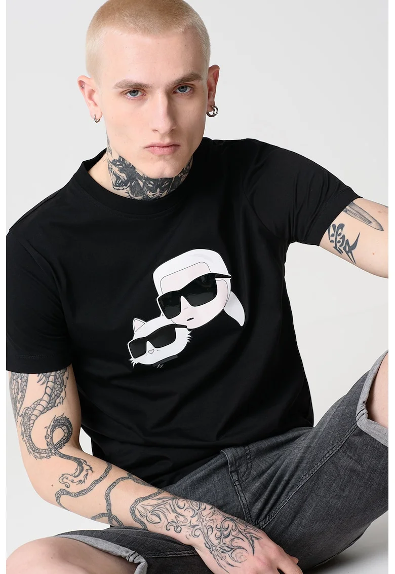 Tricou cu decolteu la baza gatului si imprimeu logo, Negru/Alb murdar