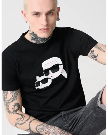 Tricou cu decolteu la baza gatului si imprimeu logo, Negru/Alb murdar