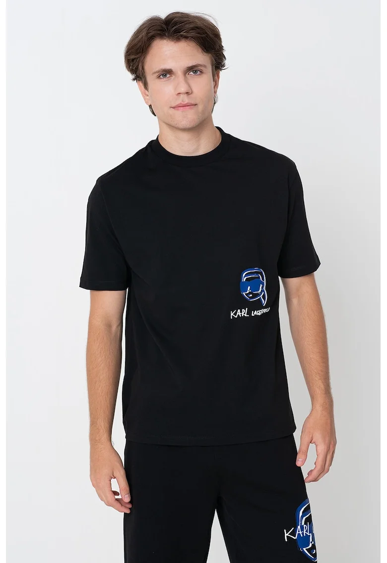 Tricou din bumbac cu decolteu la baza gatului si logo, Alb/Negru/Albastru royal