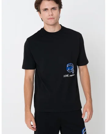 Tricou din bumbac cu decolteu la baza gatului si logo, Alb/Negru/Albastru royal