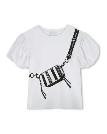 Tricou cu imprimeu si maneci bufante, Alb/Negru
