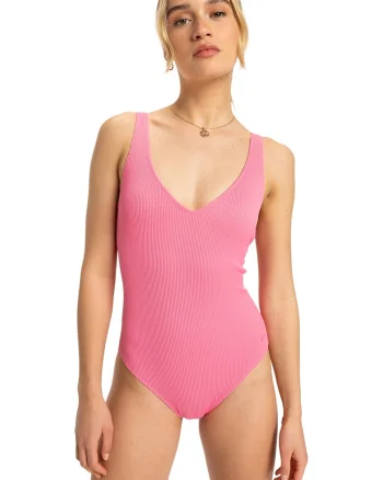 Costum de baie intreg striat cu bretele ajustabile, Roz pastel