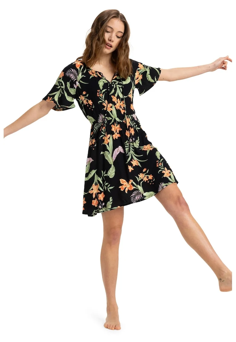 Rochie scurta cu croiala in A si model floral, Verde/Negru/Portocaliu