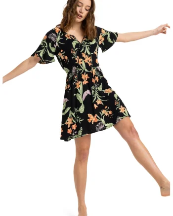 Rochie scurta cu croiala in A si model floral, Verde/Negru/Portocaliu