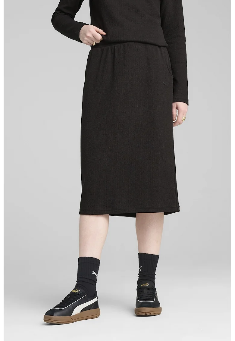 Fusta midi cu talie elastica, Negru