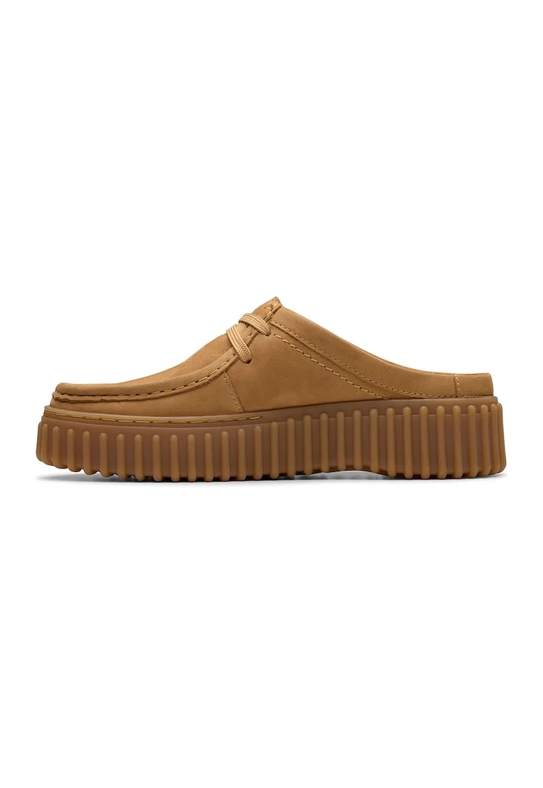 Saboti din piele intoarsa si piele cu logo, Caramel