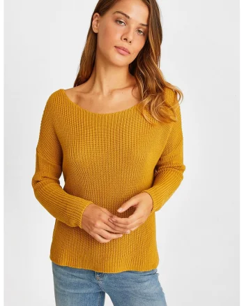 Pulover cu decolteu barcuta, Galben mustar