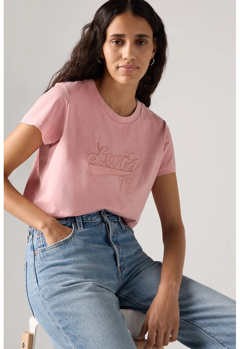 Tricou de bumbac cu logo in relief, Roz deschis
