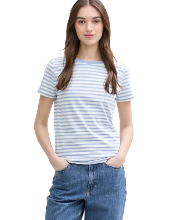 Tricou de bumbac cu model in dungi, Alb/Albastru