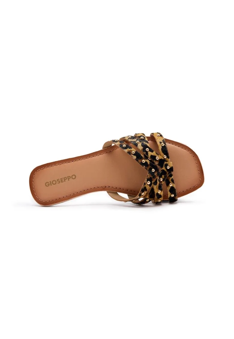 Papuci din piele cu toc si animal print Isabelle, Maro inchis/Maro nisip