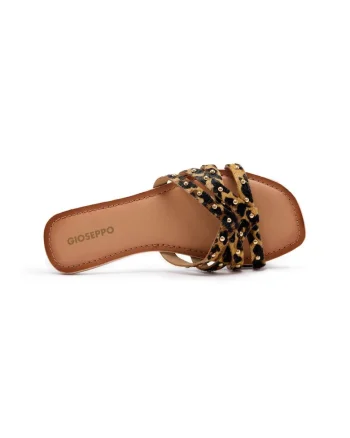 Papuci din piele cu toc si animal print Isabelle, Maro inchis/Maro nisip