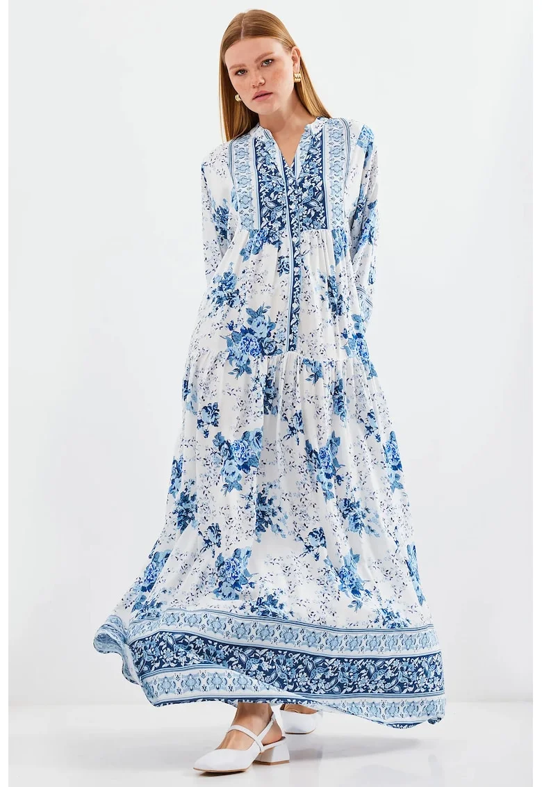 Rochie maxi dama, viscoza, HiCCUP, decolteu in V, alb/albastru