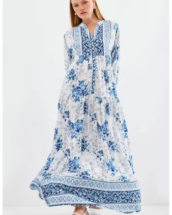 Rochie maxi dama, viscoza, HiCCUP, decolteu in V, alb/albastru