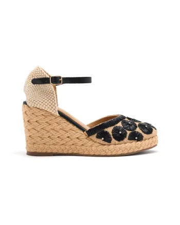Espadrile tesute cu talpa wedge si garnituri din piele, Negru