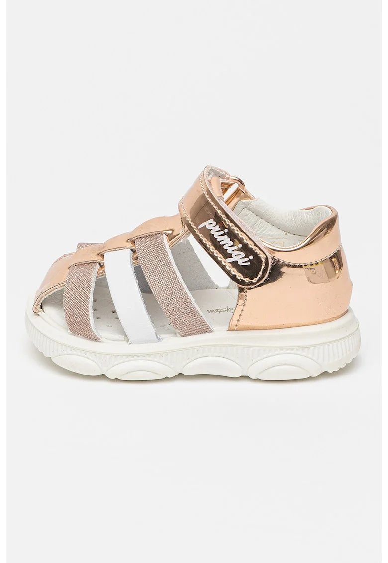 Sandale cu aspect lacuit si velcro, Alb/Bronz