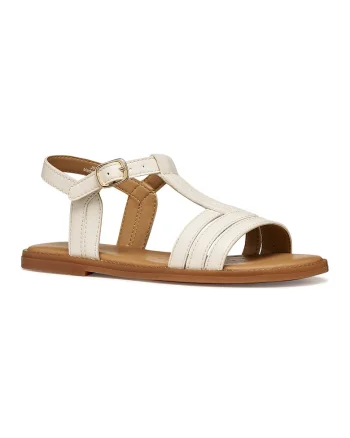 Sandale dinn piele ecologica cu bareta in forma de T, Alb fildes
