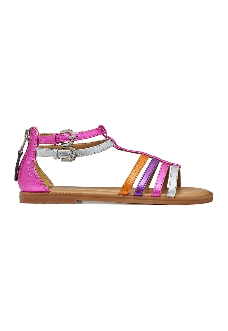 Sandale din piele ecologica cu barete multiple, Violet/Roz/Argintiu