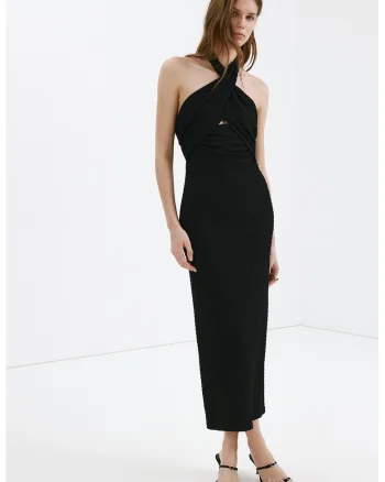 Rochie midi cu decolteu halter si slit pe spate, Negru