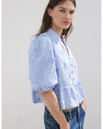 Bluza cu maneci bufante si model floral brodat, Albastru deschis