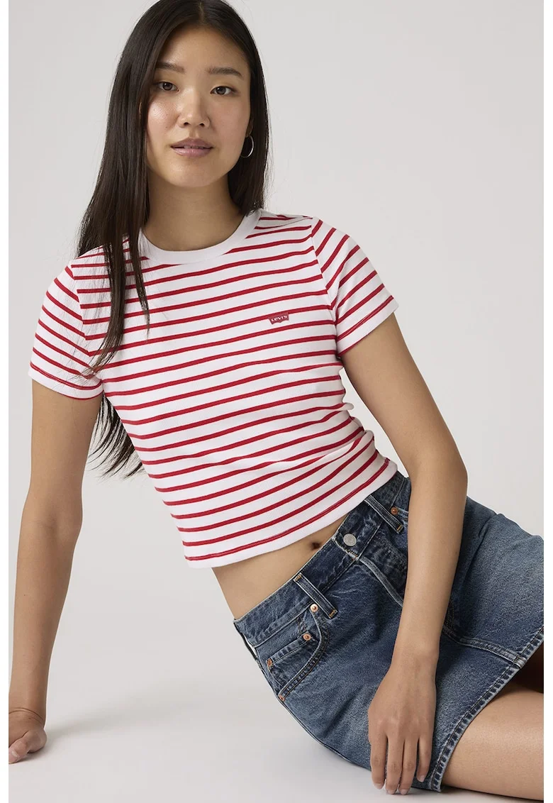 Tricou crop cu decolteu la baza gatului Essential, Rosu/Alb optic