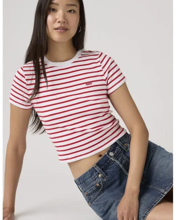 Tricou crop cu decolteu la baza gatului Essential, Rosu/Alb optic