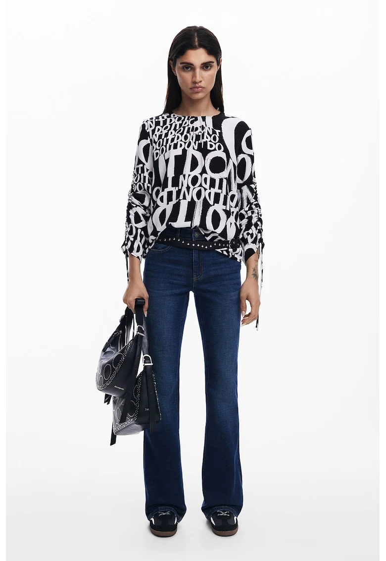Bluza lejera cu imprimeu text, Negru/Alb murdar