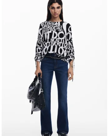 Bluza lejera cu imprimeu text, Negru/Alb murdar
