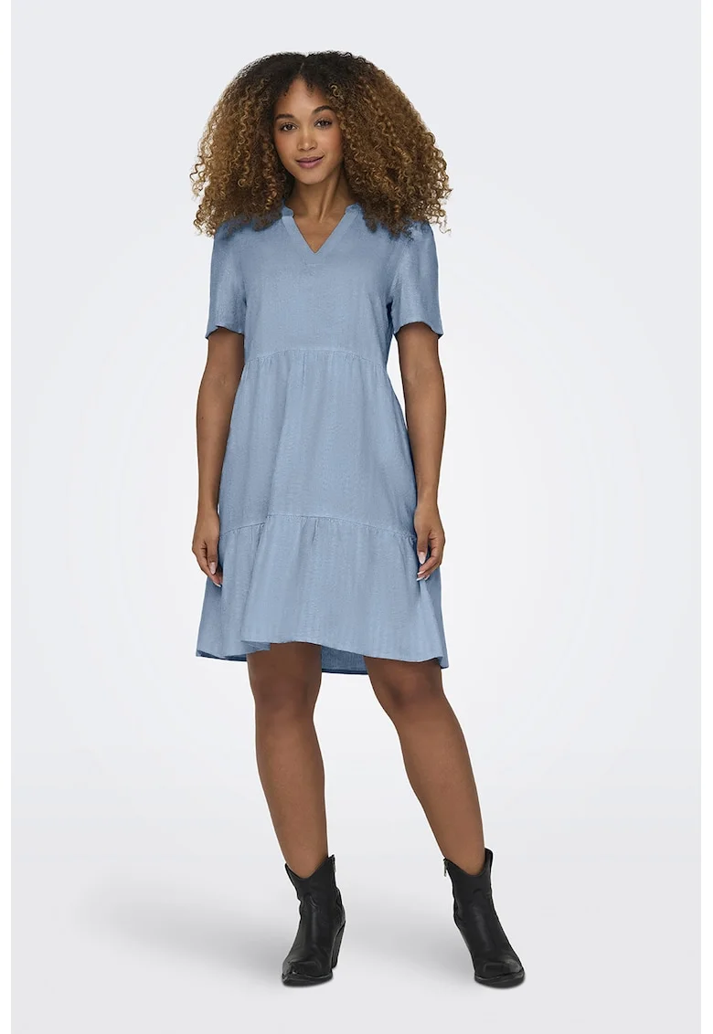 Rochie midi din amestec de in, volane si decolteu in V, Albastru lavanda