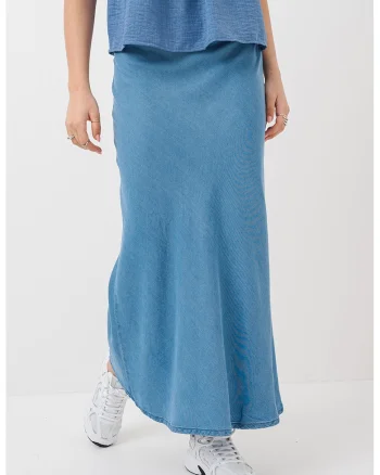 Fusta lunga de denim, din lyocell, Albastru prafuit