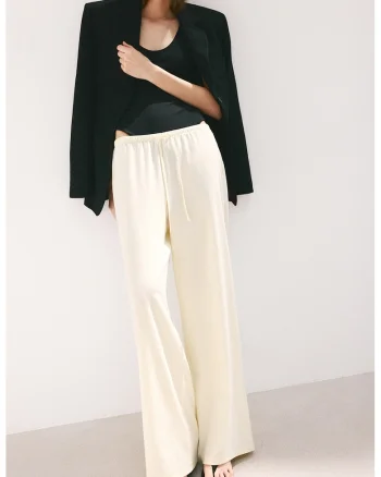 Pantaloni ampli cu talie ajustabila, Alb fildes
