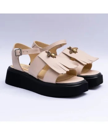 Sandale dama din piele naturala cu franjuri, crem, Crem