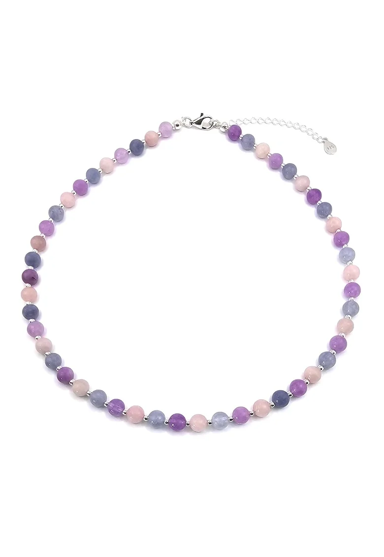 Colier handmade, ajustabil, din argint 925,  pietre semipretioase ametist, cuart si acvamarin, multicolor, max. 45.00 cm
