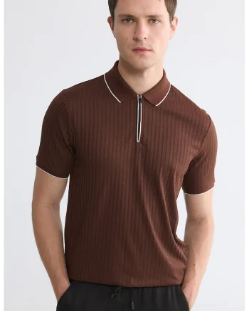 Tricou polo cu fenta cu fermoar, Maro inchis/Maro
