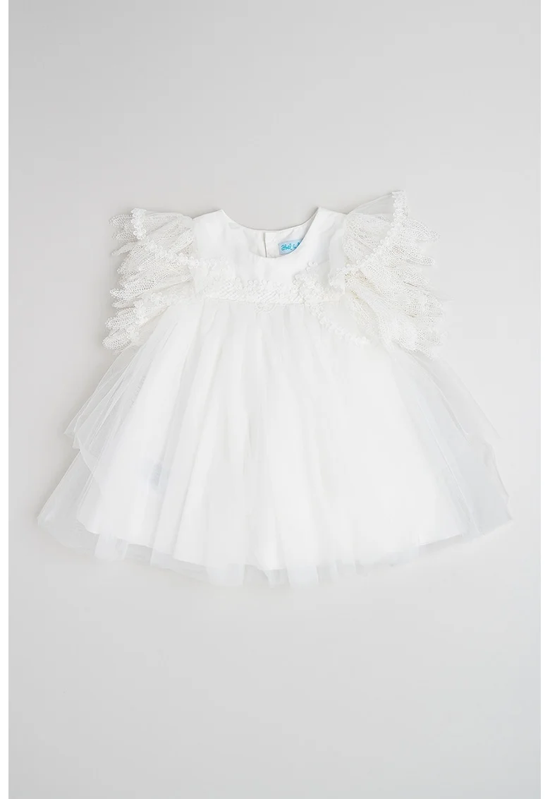 Rochie evazata cu volane, Alb/Alb murdar