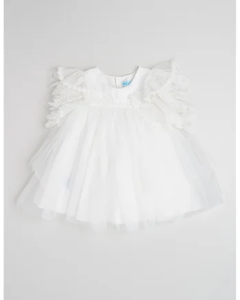 Rochie evazata cu volane, Alb/Alb murdar