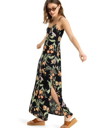 Rochie lunga cu model si slit lateral, Verde/Negru/Portocaliu