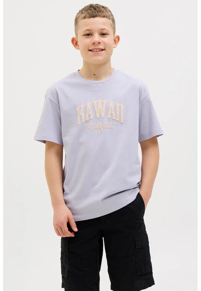 Tricou cu decolteu la baza gatului, imprimeu text si logo, Lila