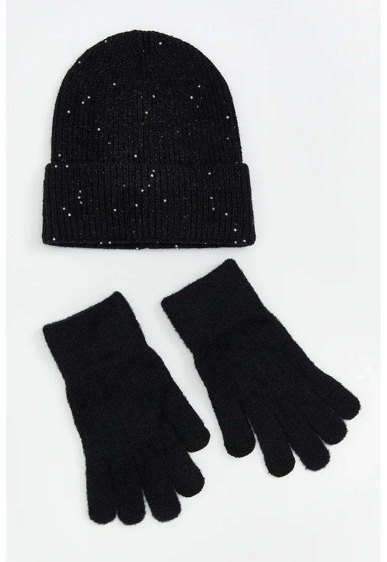 Set de caciula cu paiete si manusi din tricot - 2 piese, Negru