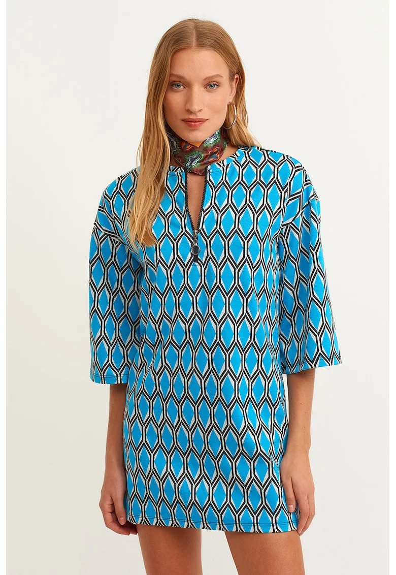 Rochie dreapta cu fenta scurta cu fermoar Jakzipel, Alb/Albastru pastel/Negru