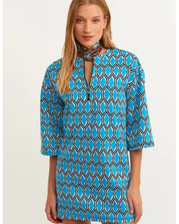 Rochie dreapta cu fenta scurta cu fermoar Jakzipel, Alb/Albastru pastel/Negru