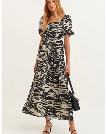 Rochie cu maneci bufante si model, Negru/Bej deschis
